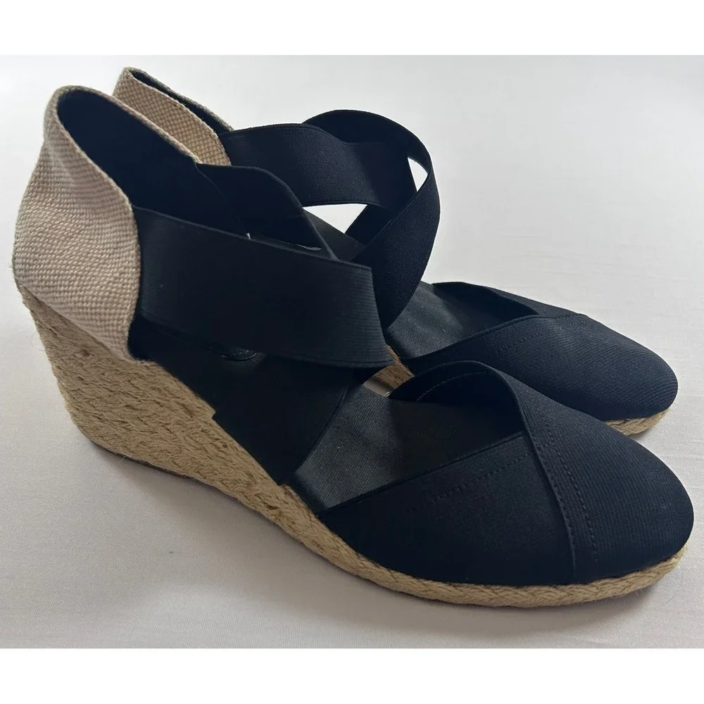 Lauren Ralph Lauren Wedge Sandals Women 8.5 Black Elastic Cross Strap Espadrille